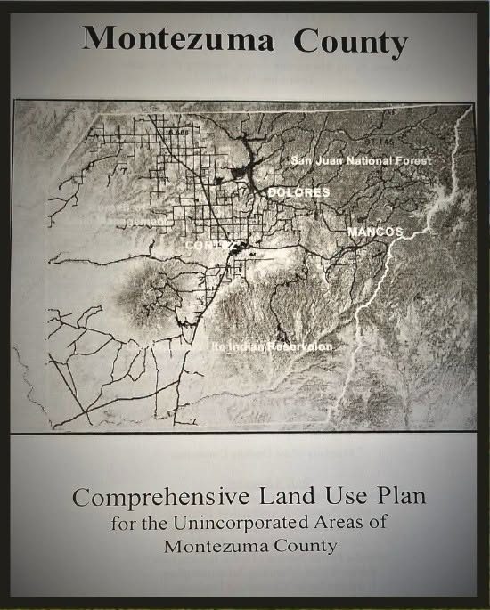 Cover of the Montezuma County Comprehensive Land Use Plan for the Unincorporated Areas of Montezuma County, showing a county map