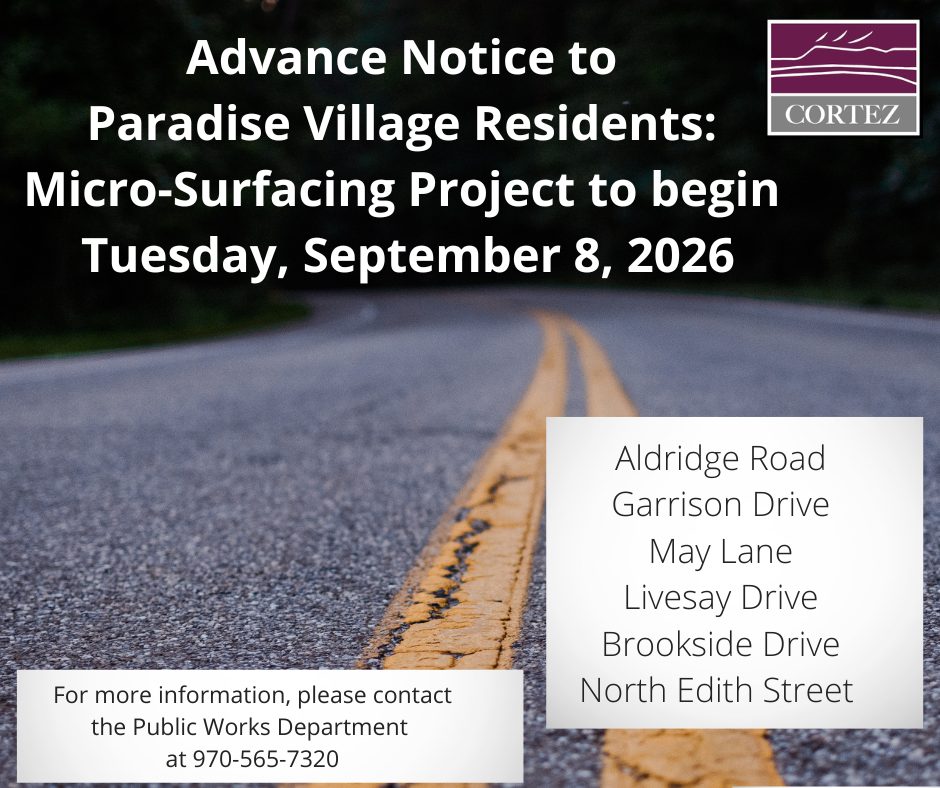 City notice: micro-surfacing project in Paradise Village beginning Tuesday, September 8, 2026, on Aldridge Road, Garrison Drive, May Lane, Livesay Drive, Brookside Drive and North Edith Street