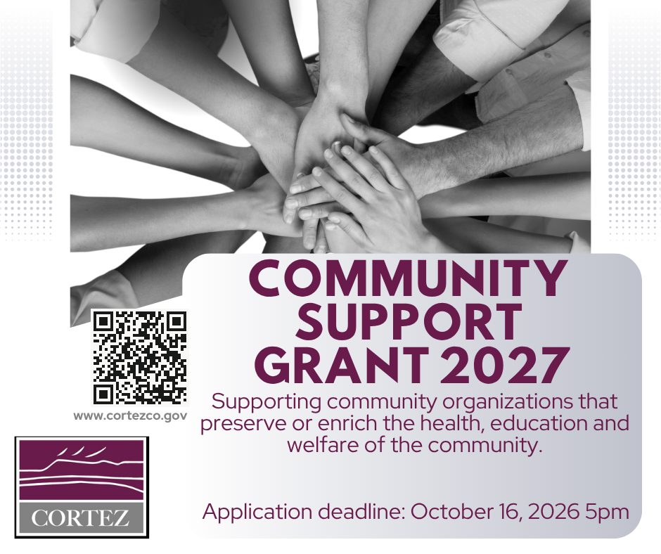 City of Cortez flyer: Community Support Grant 2027, application deadline October 16, 2026, 5 p.m.