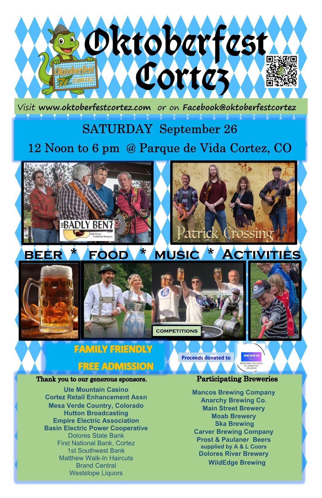 Oktoberfest Cortez poster: Saturday, September 26, noon to 6 p.m., Parque de Vida, with bands, food, beer, activities and free admission