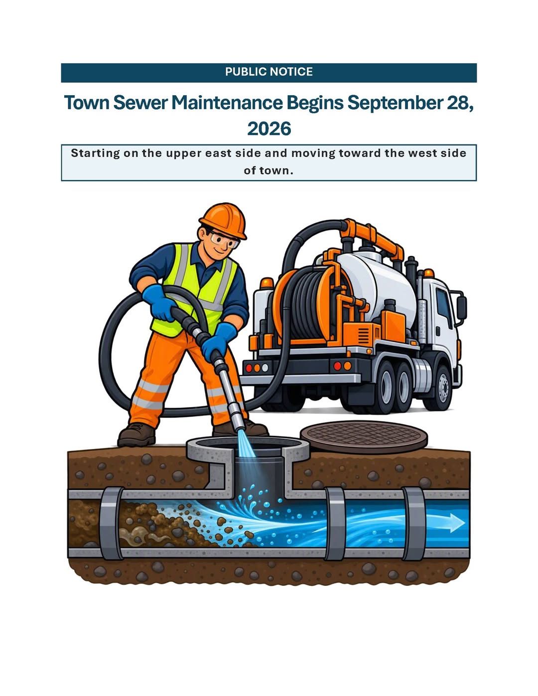 Town of Dolores public notice: Town Sewer Maintenance Begins September 28, 2026. Starting on the upper east side and moving toward the west side of town.