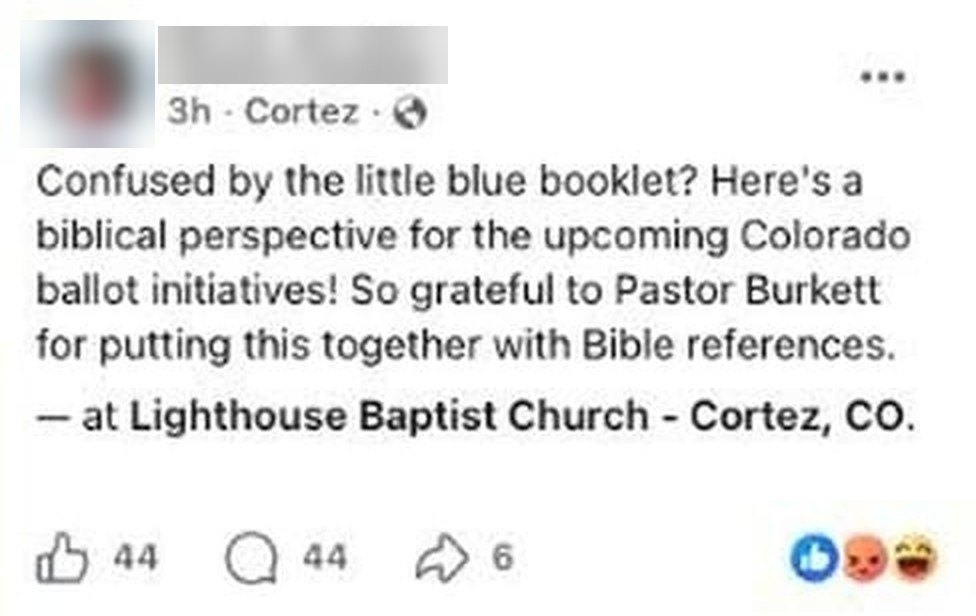 The Facebook post as it appeared at 8:50 p.m. Sunday: the caption about the little blue booklet, the location tag at Lighthouse Baptist Church, and counts of 44 reactions, 44 comments and 6 shares.