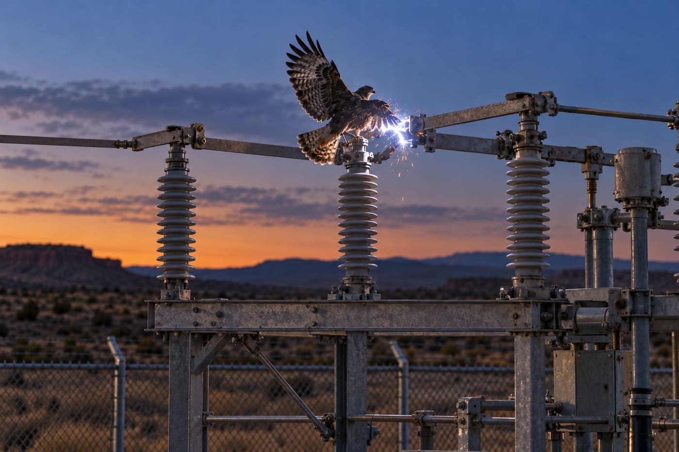 Illustration: a hawk with spread wings lands on top of an insulator at a desert substation at dusk, with sparks arcing to a switch arm and mesas on the horizon.