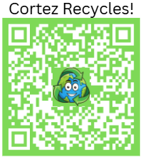 QR code labeled "Cortez Recycles!" with a smiling cartoon Earth in the center. It links to the City of Cortez recycling tool.