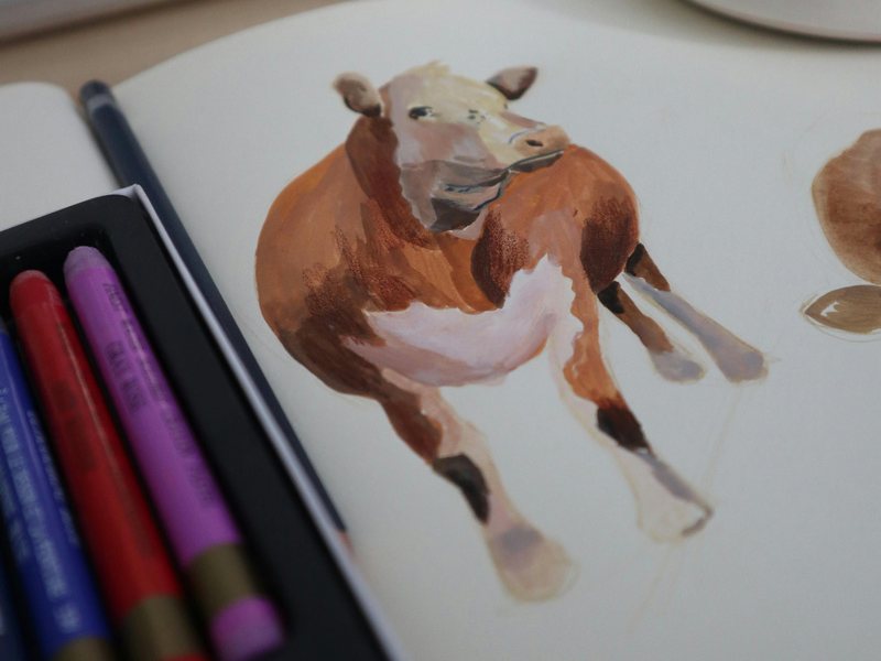 A brown-and-white cow painted on a sketchbook page, with a box of oil pastels beside it.